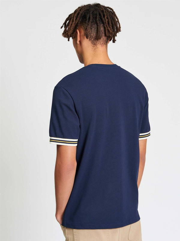 Model Wearing Ben Sherman Men's Mod Pique Tipped T-shirt in Dark Navy - Back View