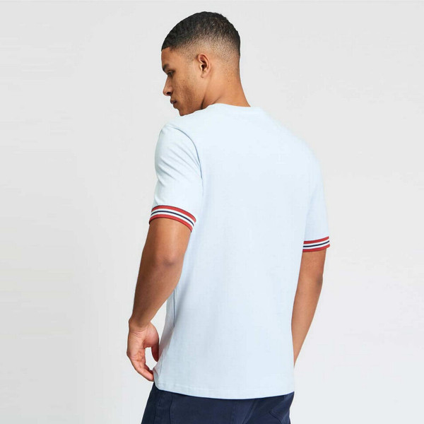 Model Wearing Ben Sherman Men's Retro Tipped Pique T-shirt in Powder Blue - Back View