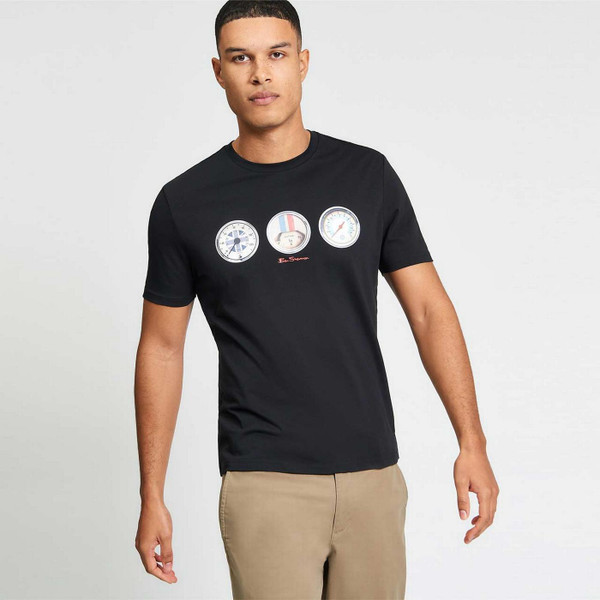 Model Wearing Ben Sherman Speed Mod Scooter Graphic Print Speedometer T-shirt in Black