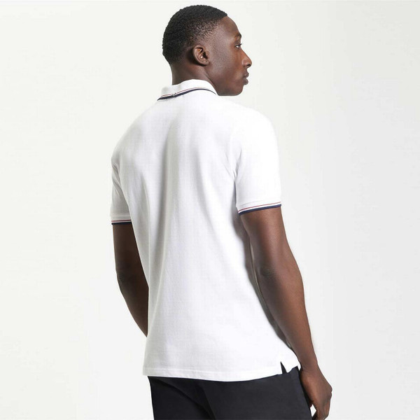 Model Wearing Ben Sherman Men's Mod Signature Tipped Pique Polo Shirt in White - Back View