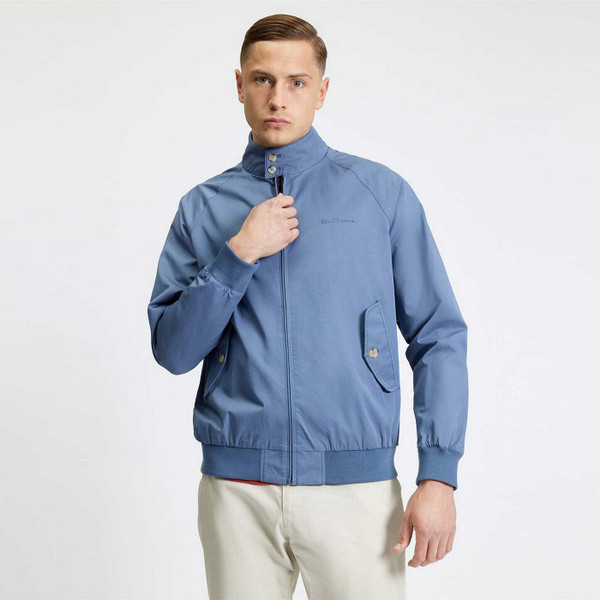 Model Wearing Ben Sherman Men's Mod Signature Harrington Jacket with Retro Check Lining in Indigo