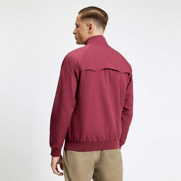 Model Wearing Ben Sherman Men's Mod Signature Harrington Jacket in Cherry Back View