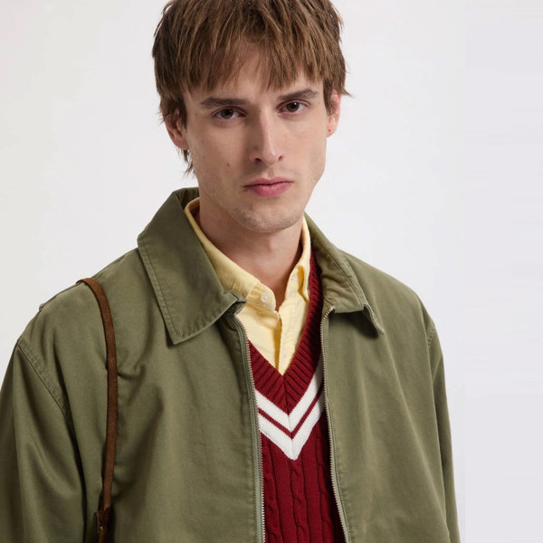 Collar detail on Baracuta G18 Twill Shirt Collar Harrington Jacket in Lichen Green