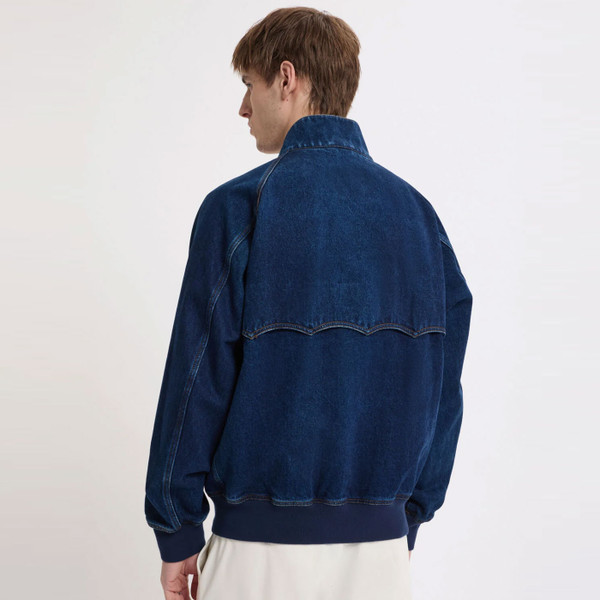 Back of Baracuta G9 Denim Mod Harrington Jacket in Dark Wash Blue
