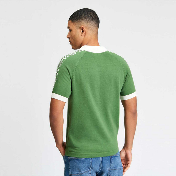Model Wearing Ben Sherman Retro Sport Skipper Neck Jacquard Square Knitted Polo Shirt in Green Back View