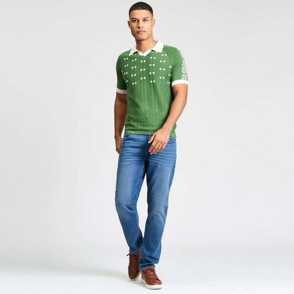 Ben Sherman Retro Sport Skipper Neck Jacquard Square Knitted Polo Shirt in Green