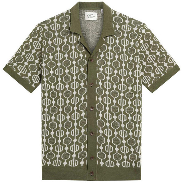 Ben Sherman Geo Jacquard Retro 70s Knitted Button Through Shirt in Green - Main View