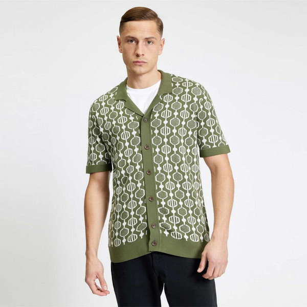 Model Wearing Ben Sherman Geo Jacquard Retro 70s Knitted Button Through Shirt in Green