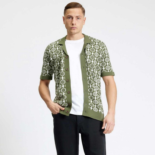 Model Wearing Ben Sherman Geo Jacquard Retro 70s Knitted Button Through Shirt in Green - Shirt Unfastened