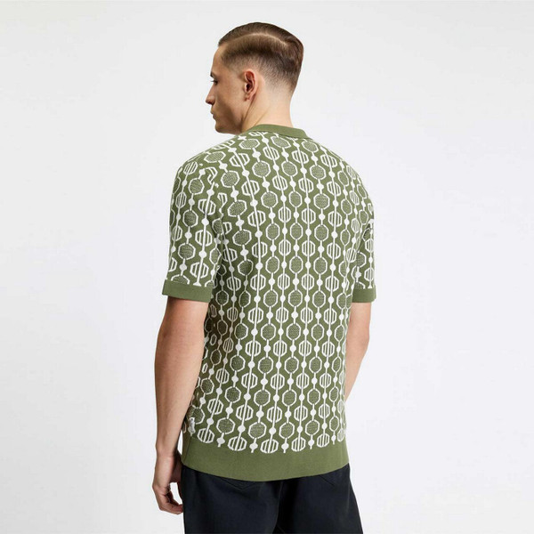 Model Wearing Ben Sherman Geo Jacquard Retro 70s Knitted Button Through Shirt in Green - Back View