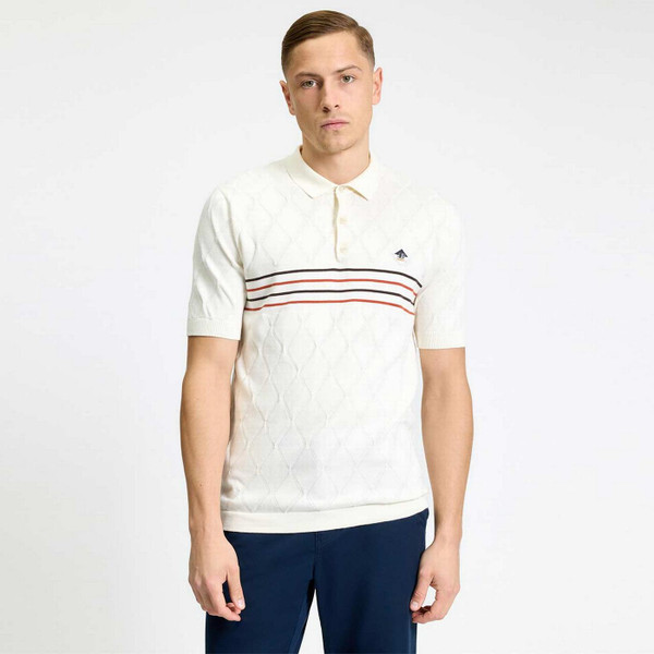 Model Wearing Ben Sherman Diamond Texture Retro Mod Sports Stripe Knitted Polo Shirt in Ivory