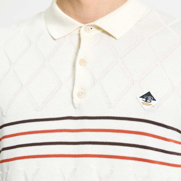 Ben Sherman Diamond Texture Retro Mod Sports Stripe Knitted Polo Shirt in Ivory - Textured Diamond Detail