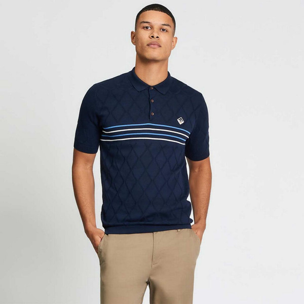 Ben Sherman Men's Mod Textured Diamond Stripe Knitted Polo Shirt in Navy Back View Diamond