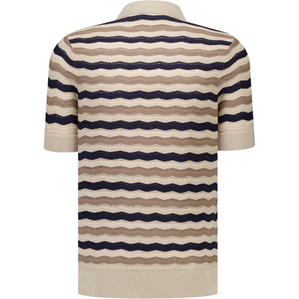 Luke 1977 Mens Maughold 1960s Mod Pointelle Wavy Stripe Knitted Polo Shirt in Beige and Navy