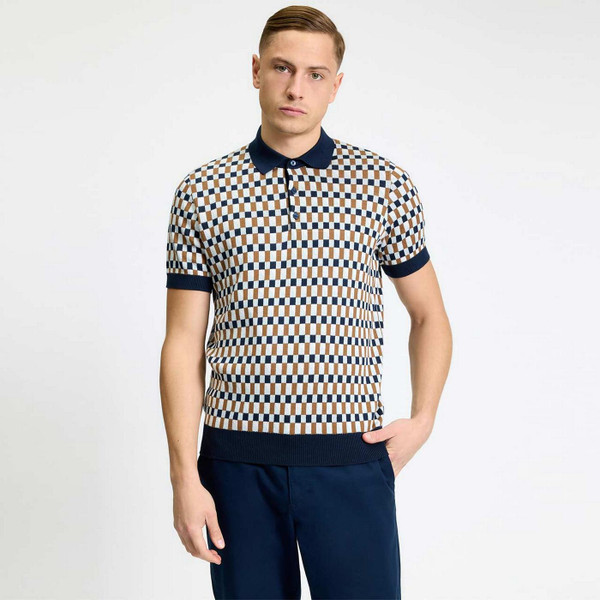 Model Wearing Ben Sherman Mod Ska Jacquard Chequerboard Knit Polo Shirt in Dark Navy