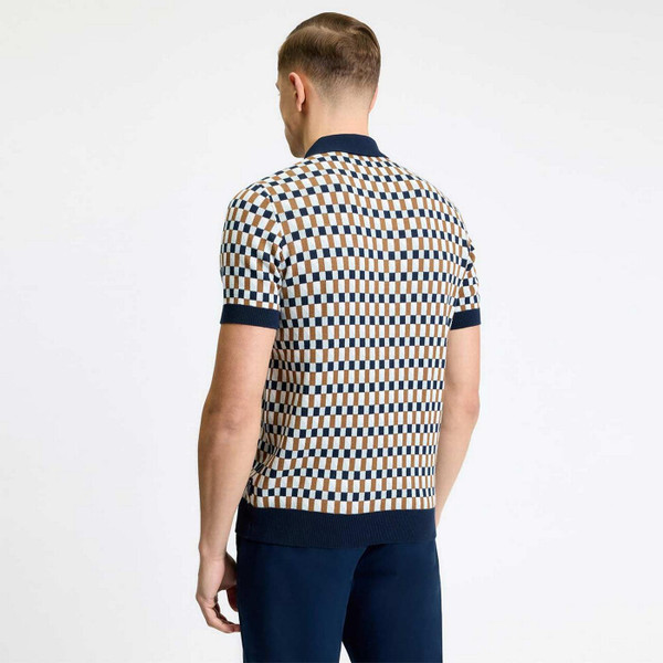Ben Sherman Mod Ska Jacquard Chequerboard Knit Polo Shirt in Dark Navy Back View