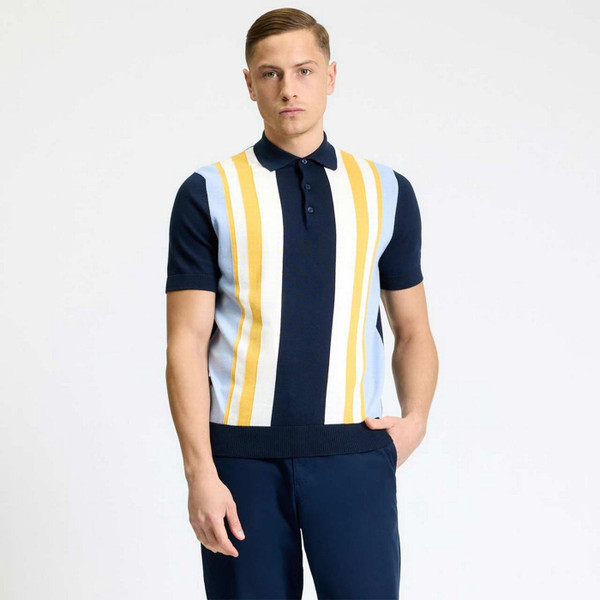 Front View of Model Wearing Ben Sherman Men's Mod Vertical Stripe knitted Polo Shirt in Dark Navy