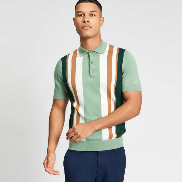 Model Wearing Ben Sherman Vertical Stripe Men's Mod Knitted Polo Shirt in Sage Green