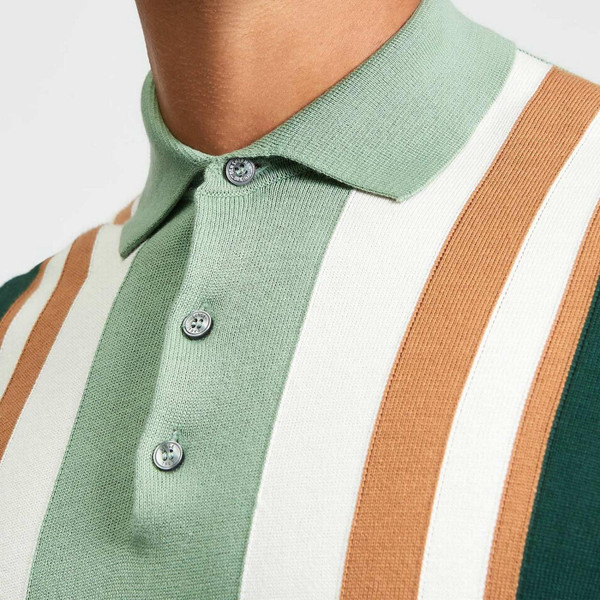 Stripe and Collar Detail on the Ben Sherman Vertical Stripe Men's Mod Knitted Polo Shirt in Sage Green