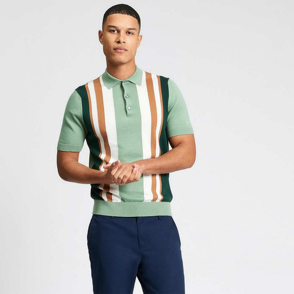 Front View of Model Wearing the Ben Sherman Vertical Stripe Men's Mod Knitted Polo Shirt in Sage Green