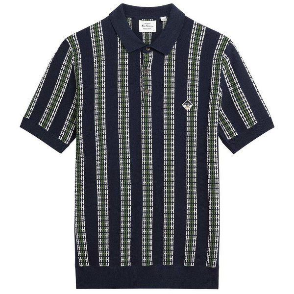 Ben Sherman Jacquard Candy Stripe Retro Knitted Polo Shirt in Dark Navy