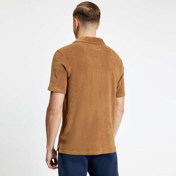 Model Wearing Ben Sherman Brighton Beach Club Retro 70s Towelling Polo Shirt in Light Brown Back View