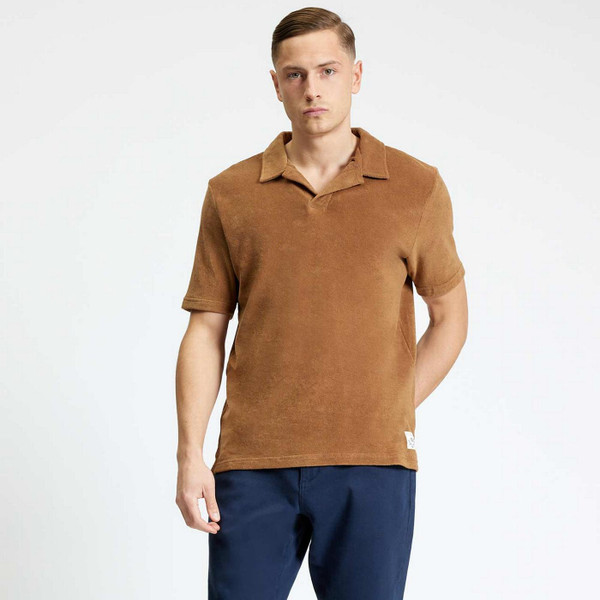 Model Wearing Ben Sherman Brighton Beach Club Retro 70s Towelling Polo Shirt in Light Brown Front View