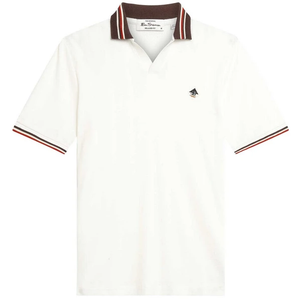 Ben Sherman Men's Retro Textured Contrast Collar Skipper Neck Polo Shirt in Snow White