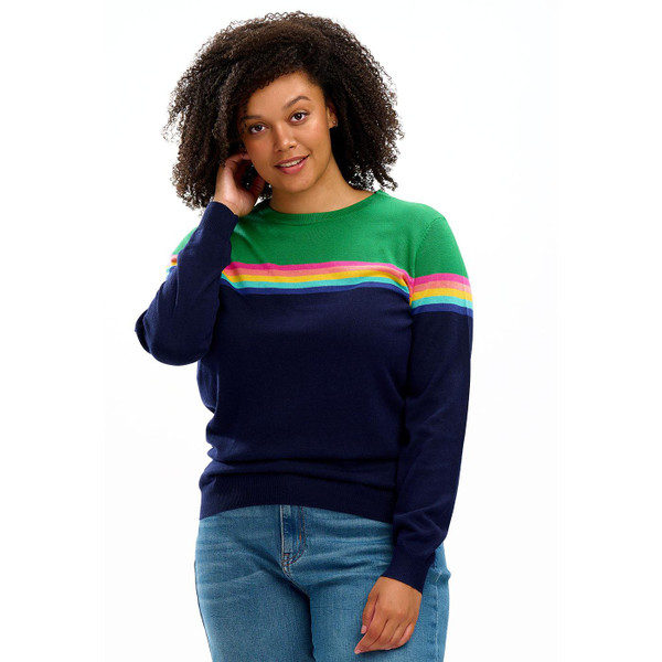 Sugarhill Brighton Rita Colour Block Stripe Knit Jumper in Navy and Green K0705