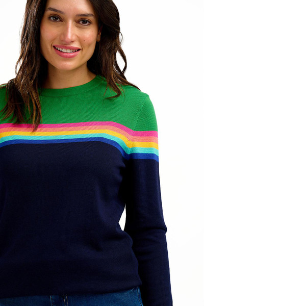 Sugarhill Brighton Rita Colour Block Indie Stripe Knit Jumper in Navy and Green K0705