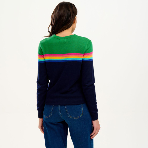 Sugarhill Brighton Rita Colour Block 70s Indie Stripe Knit Jumper in Navy and Green K0705