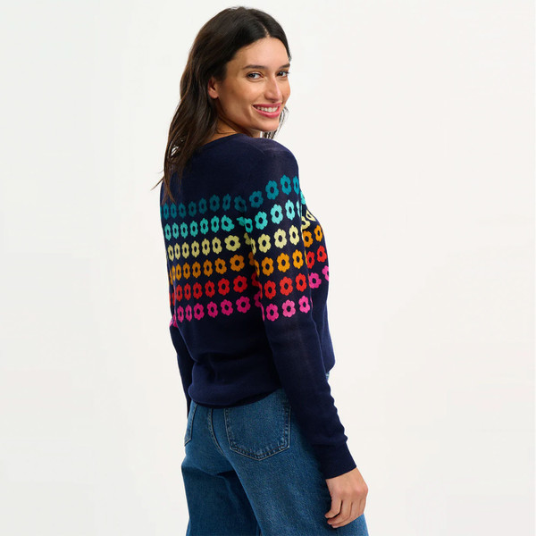 Back of Sugarhill Brighton Womens Rita Rainbow Flowers Jumper in Navy