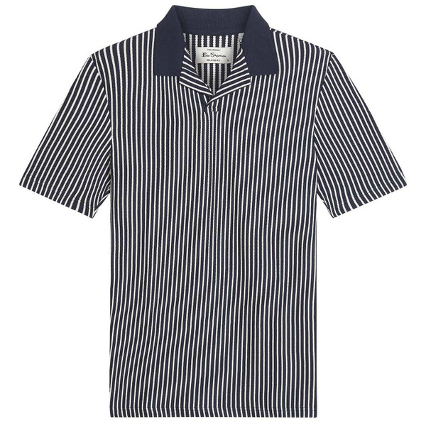Ben Sherman Textured Vertical Stripe Men's Retro Skipper Neck Polo Shirt in Dark Navy