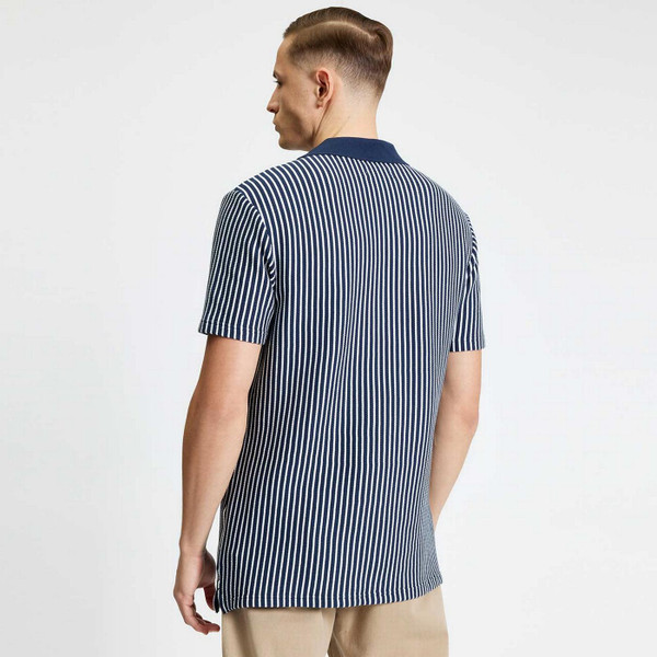 Model Wearing Ben Sherman Textured Vertical Stripe Men's Retro Skipper Neck Polo Shirt in Dark Navy Back View