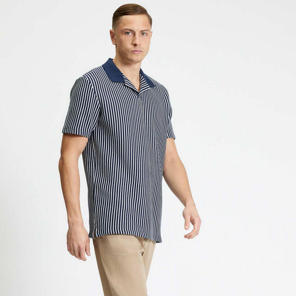 Model Wearing Ben Sherman Textured Vertical Stripe Men's Retro Skipper Neck Polo Shirt in Dark Navy Side View