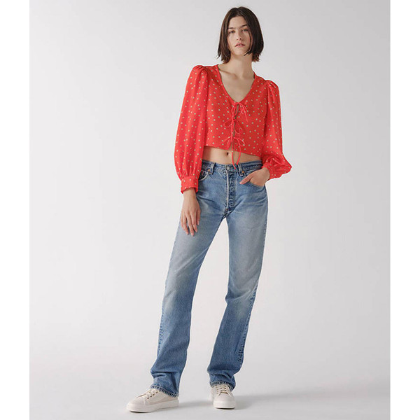 levis womens daisy print fawn tie front volume sleeves blouse enamel orange