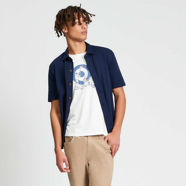 Model Wearing Ben Sherman Men's Vertical Stripe Textured Mod Pique Shirt in Dark Navy - Worn Unbuttoned