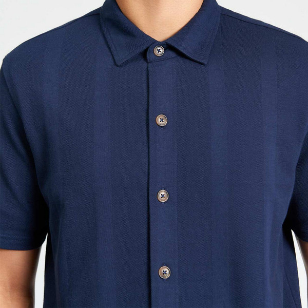 Fabric Detail on the Ben Sherman Men's Vertical Stripe Textured Mod Pique Shirt in Dark Navy