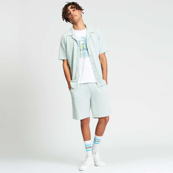 Model Wearing Ben Sherman Men's Retro Textured Revere Collar Shirt in Mint Green Front View