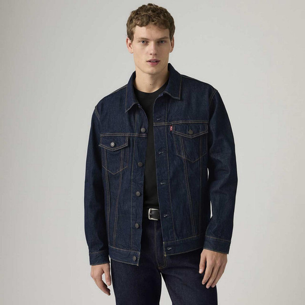Model Wearing Levi's Type 3 Relaxed Denim Trucker Jacket in Wash It Out Rinse Blue - Men's Denim Jackets