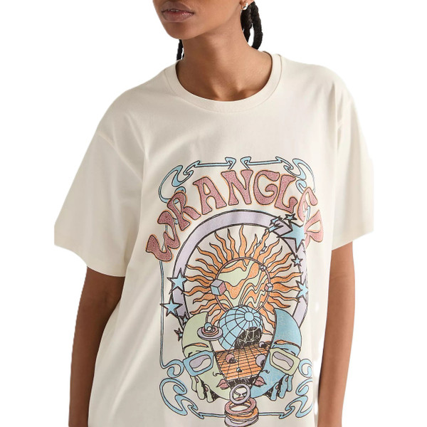 Wrangler Women's Relaxed Girlfriend Retro 1970s Psychedelic Print Tee in Worn White - Close Up Graphic