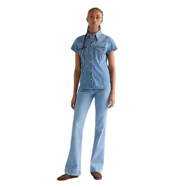 Wrangler Women's retro 70s Light Blue Denim Flares in Velvet Sky - Women's Flared Jeans - Full Length Front