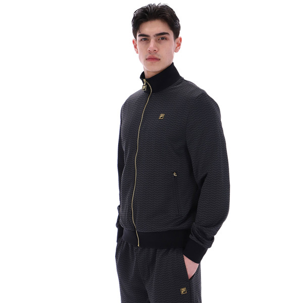 Side of Fila Gold Men's Retro Herringbone Pattern Track Top in Black