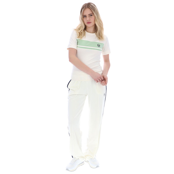 Full length photo of Sergio Tacchini Women's Miss Masters Retro Stripe T-Shirt in Quiet Green & Off White