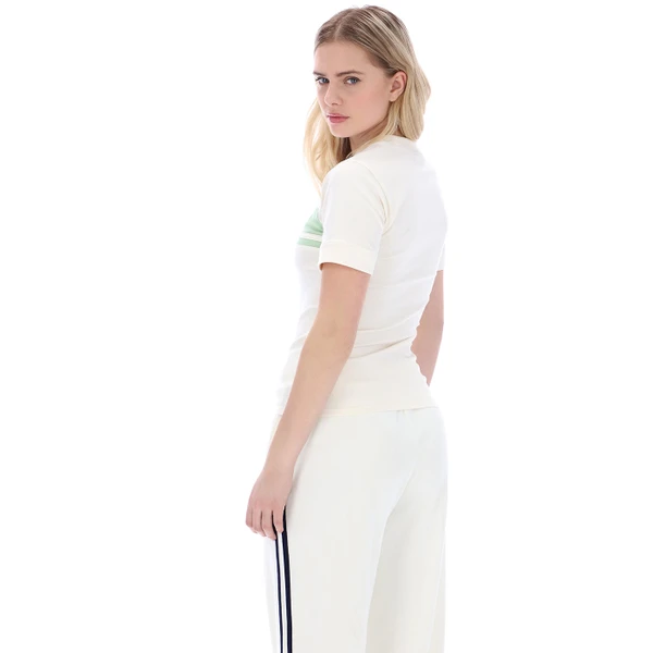 Back of Sergio Tacchini Women's Miss Masters Retro Stripe T-Shirt in Quiet Green & Off White