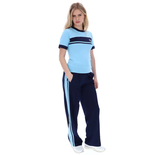 Full length photo of Sergio Tacchini Women's Miss Masters Retro T-Shirt in Baltic Blue & Navy