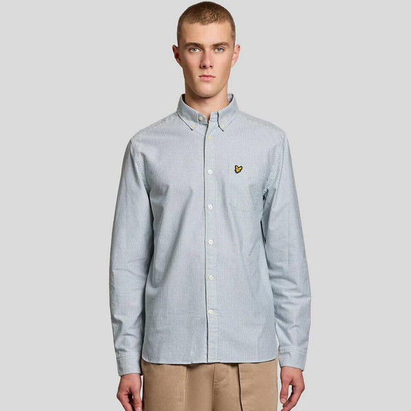 Model Wearing Lyle & Scott Men's Mod Button Down Stripe Oxford Shirt in Everglade