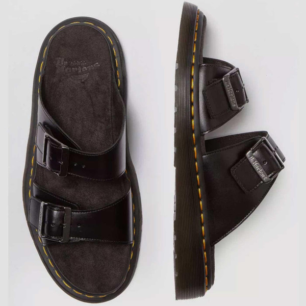 Dr Martens Josef Retro Leather Buckle Slide Sandals in Black