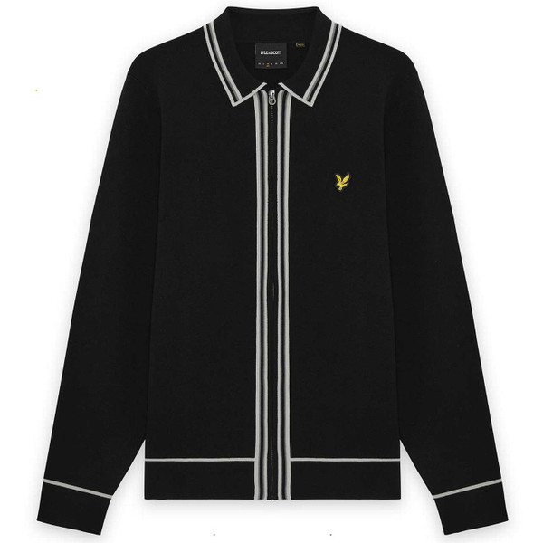 Lyle And Scott Men's Mod Tipped Knitted Zip Through Jacket in Black Flat Lay