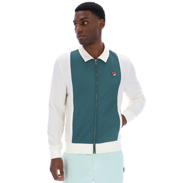 Man wearing Fila Vintage Men's Tommaso Jersey Track Top Jacket in Gardenia and Green